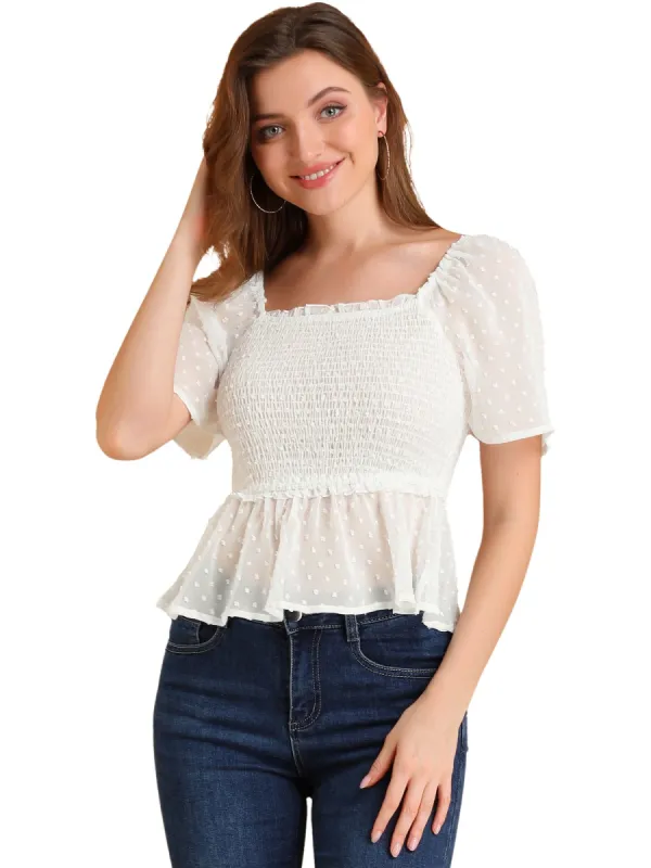 Women's Ruffle Peplum Square Neck Flare Short Sleeve Crop Smocked Blouse sold by Allegra K