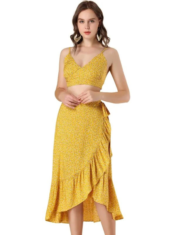 Women's 2 Piece Outfit V Neck Spaghetti Strap Sexy Crop Top & Floral Ruffle Wrap Skirt Set sold by Allegra K