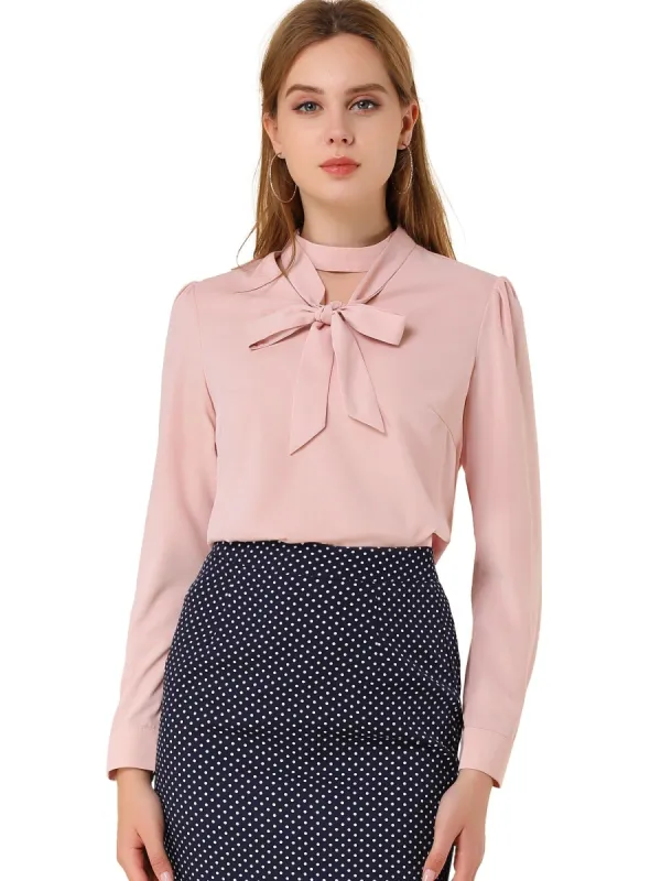 Women's Bow Tie Choker Neck Work Offlce Puff Long Sleeve Elegant Blouse sold by Allegra K