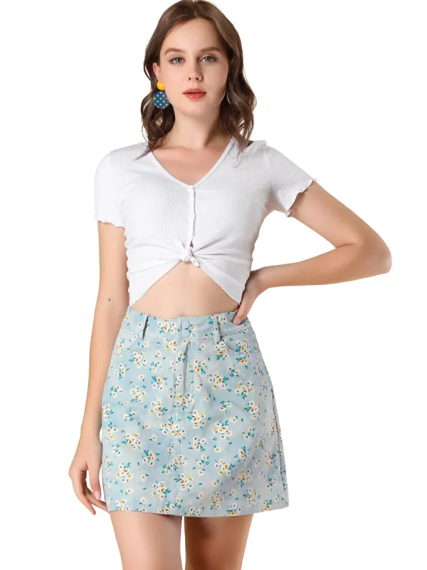 Women's Daisy Floral Pockets A-Line Mini Denim Skirts sold by Allegra K