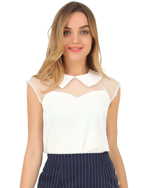 Women's Sheer Mesh Panel Blouse Short Sleeve Point Collar Work Top Shirt sold by Allegra K