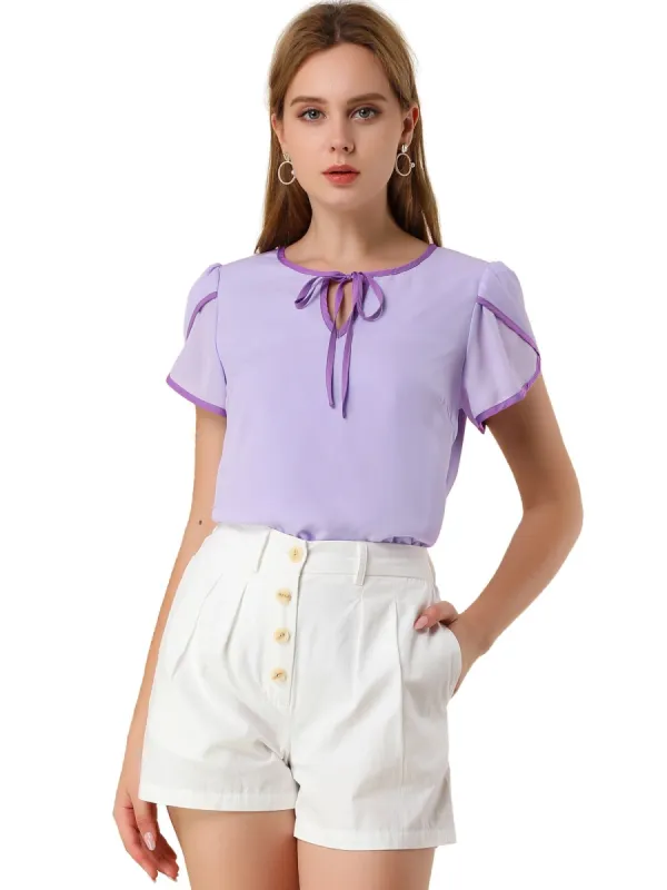 Women's Chiffon Blouse Petal Cap Sleeve Self Tie Neck Keyhole Top sold by Allegra K