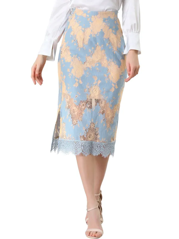 Women's Crochet Lace Scalloped Hem Side Split Elegant Pencil Midi Skirt sold by Allegra K