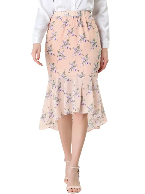 Women's Floral High-Low Elastic Waist Ruffle Hem Flowy Midi Chiffon Skirt sold by Allegra K