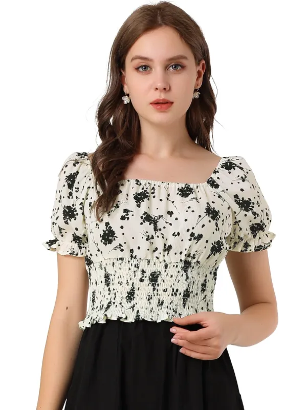 Women's Floral Print Square Neck Puff Sleeve Smocked Blouse Top sold by Allegra K