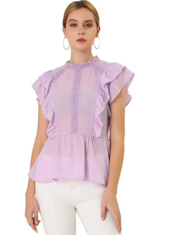 Women's Short Sleeve Top Stand Collar Lace Inset Peplum Chiffon Blouse sold by Allegra K