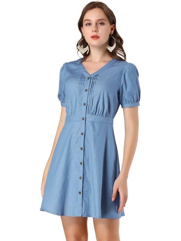 Women's Puff Short Sleeve Button Down V Neck Chambray A-Line Dress made by Allegra K