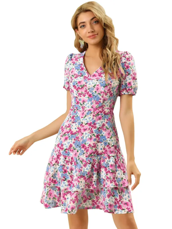 Women's Floral Print Mini Dresses Open Back Lace Trim A-Line Tiered Layer Swing Dress sold by Allegra K
