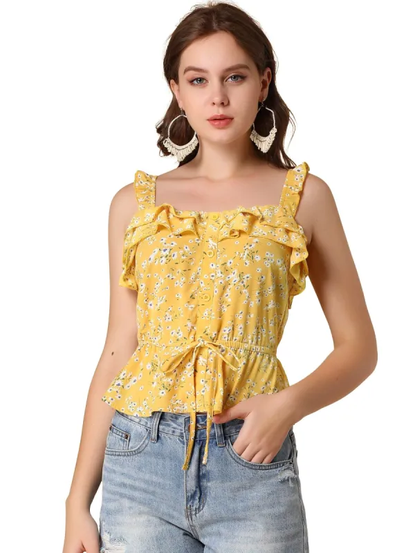 Women's Floral Tie Waist Ruffled Strap Tank Top Peplum Blouse sold by Allegra K