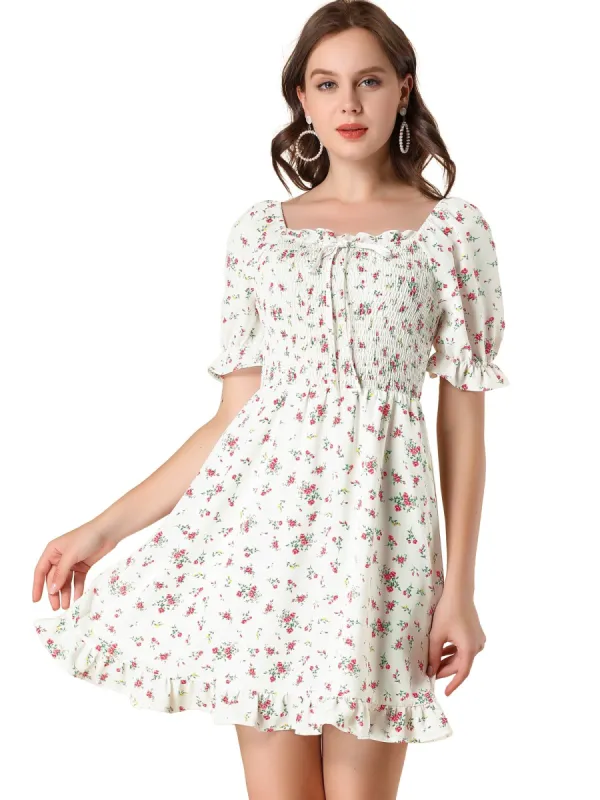 Women's Puff Sleeve Square Neck Ruffled Hem Floral Smocked Dress sold by Allegra K