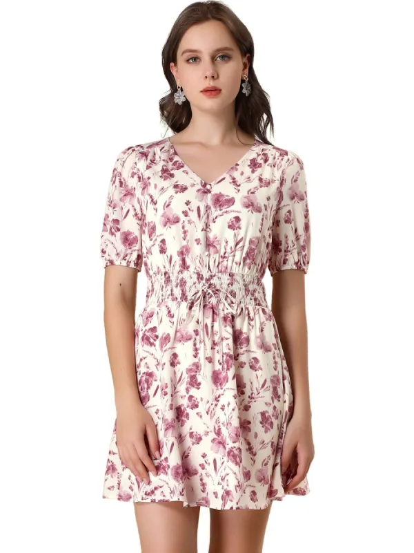 Women's Floral Puff Short Dress V Neck Smocked Tie Summer Dresses sold by Allegra K