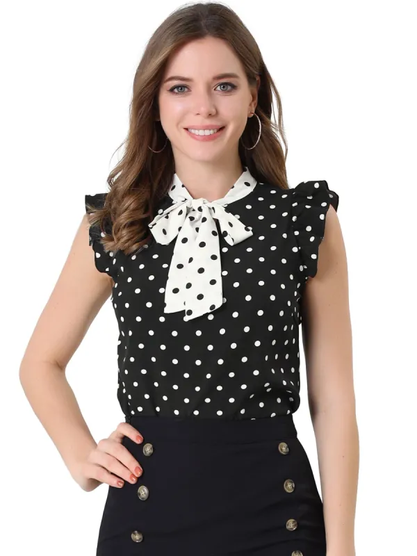 Women's Dots Printed Tie Neck Contrast Color Office Work Blouse Top sold by Allegra K