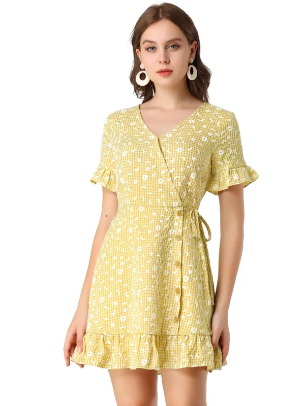 Women's Floral Print V Neck Ruffle Hem Short Sleeve Faux Wrap Dress sold by Allegra K