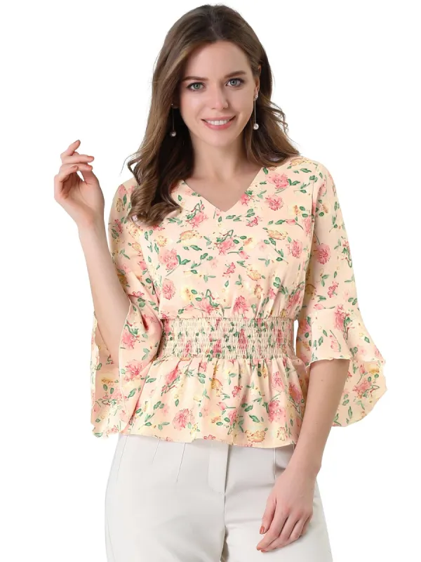 Women's Chiffon Floral Blouse V-neck Flare Sleeve Spring Smock Waist Top sold by Allegra K