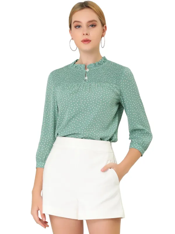 Women's Frill Mock Neck Smocked 3/4 Sleeves Elegant Polka Dots Shirt Blouse sold by Allegra K
