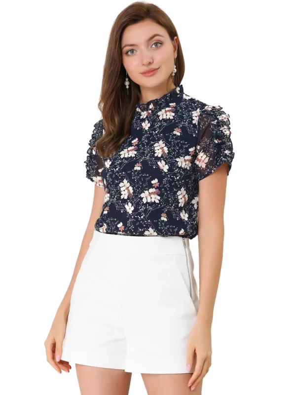 Women's Ruffle Neck Tops Frill Trim Short Sleeve Chiffon Floral Print Blouse sold by Allegra K