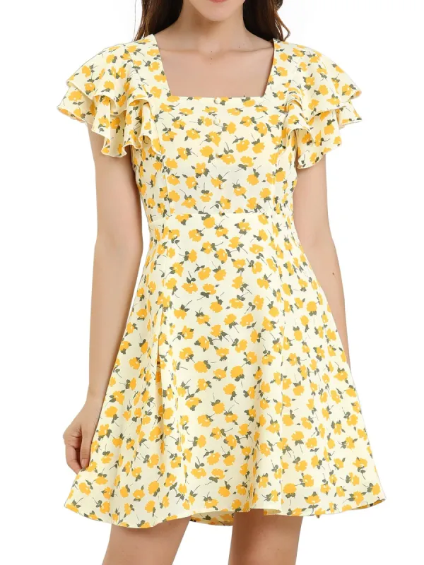 Women¡®s Square Neck Ruffled Sleeves Pleated Front Floral Printed Dress sold by Allegra K