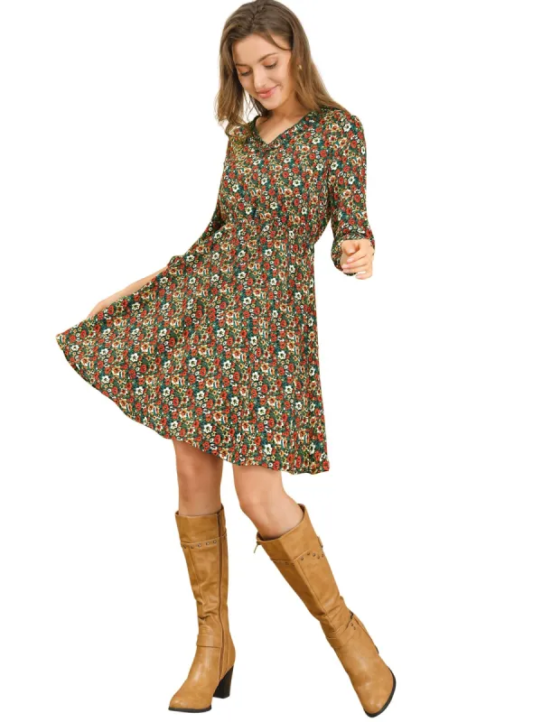 Women's Vintage Floral Ruffle V Neck 3/4 Sleeves Dress sold by Allegra K