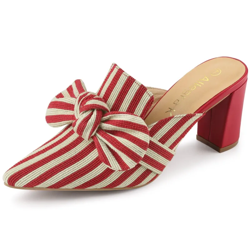 Women's Stripe Bow Pointed Toe Block Heel Slides Mules sold by Allegra K