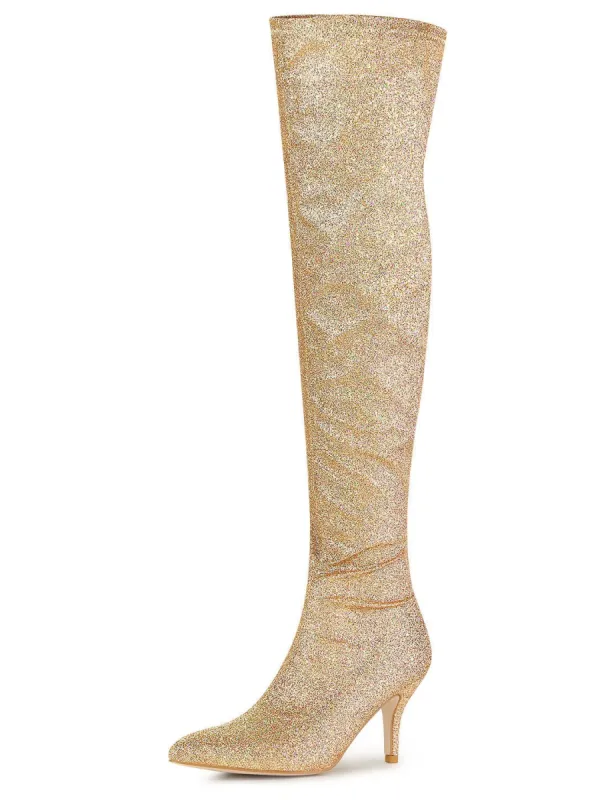 Women's Glitter Pointed Toe Stiletto Heel Over the Knee High Boots sold by Allegra K