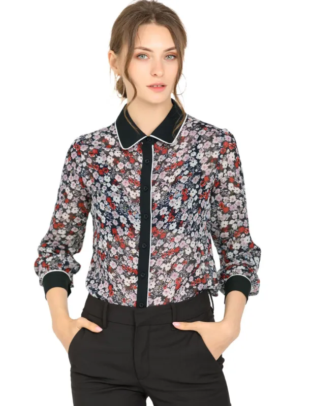Women's Floral Printed Button Up Contrast Color Long Sleeve Work Office Shirt Top sold by Allegra K