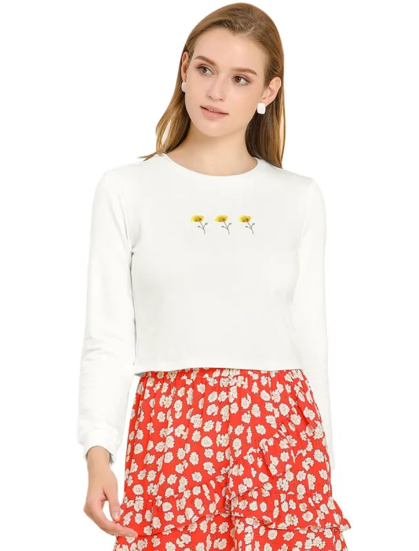Women's Embroidered Floral Cropped Sweatshirt Crew Neck Long Sleeve Top sold by Allegra K