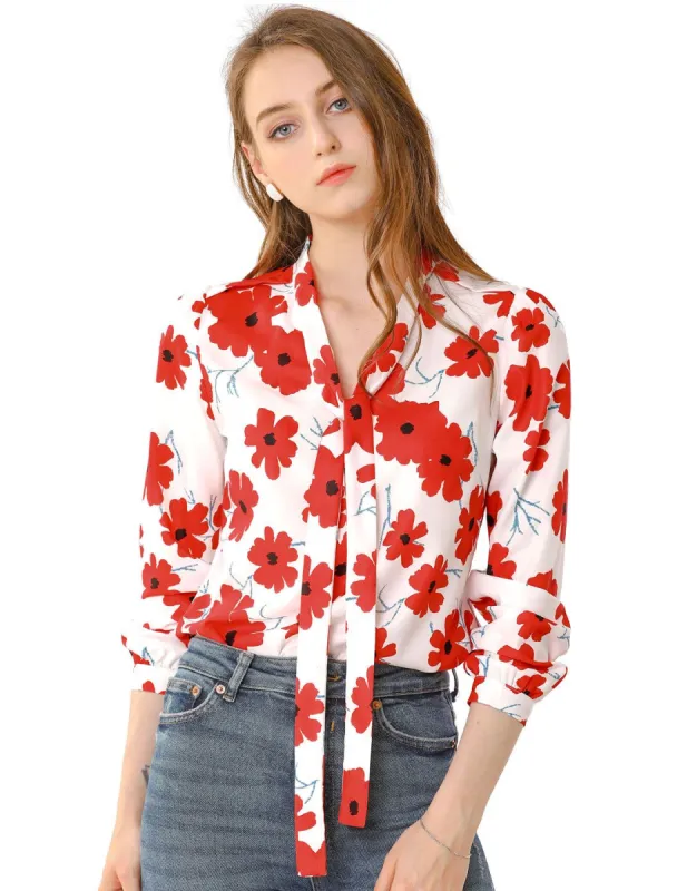 Women's Floral Bow Tie V Neck Puff Sleeve Shirt Casual Tops sold by Allegra K