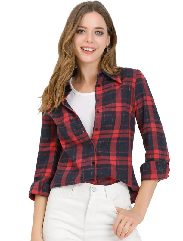 Women's Button Down Collar Long Sleeve Top Plaid Shirt sold by Allegra K