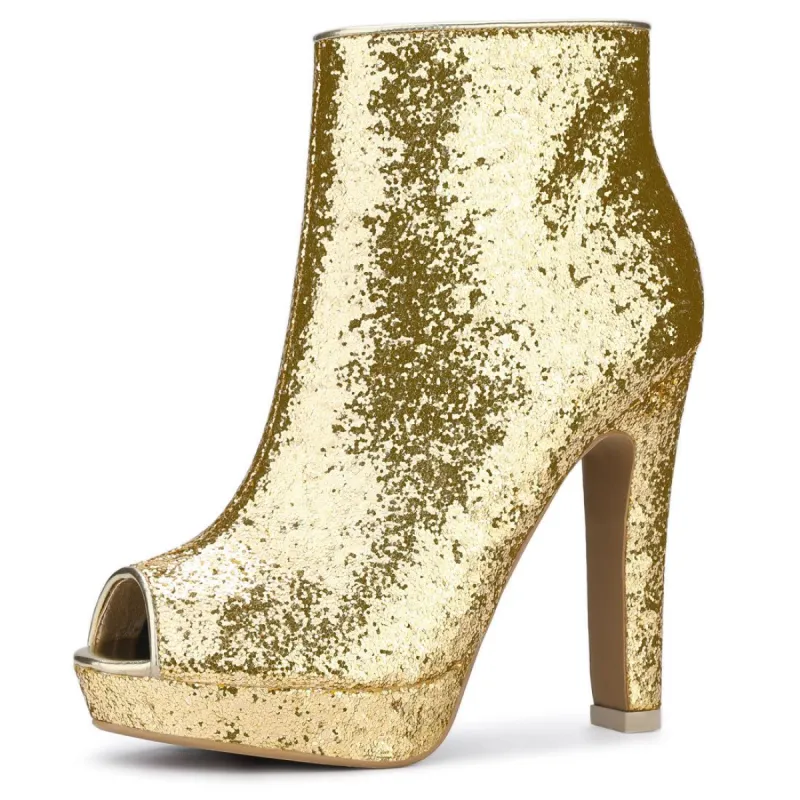 Women's Glitter Platform Chunky Heeled Open Toe Heel Ankle Boots made by Allegra K