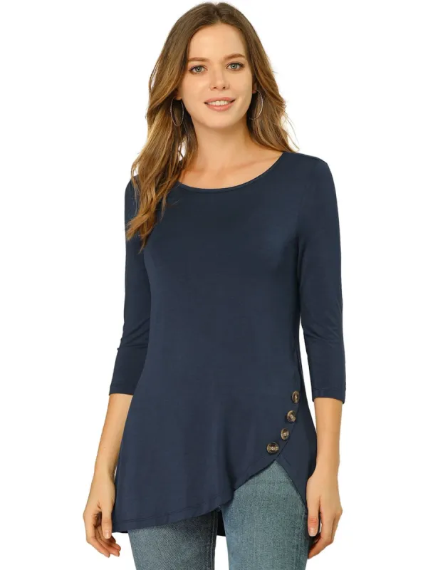 Women's 3/4 Sleeve Casual Asymmetric Hem Stretchy Tunic Top made by Allegra K