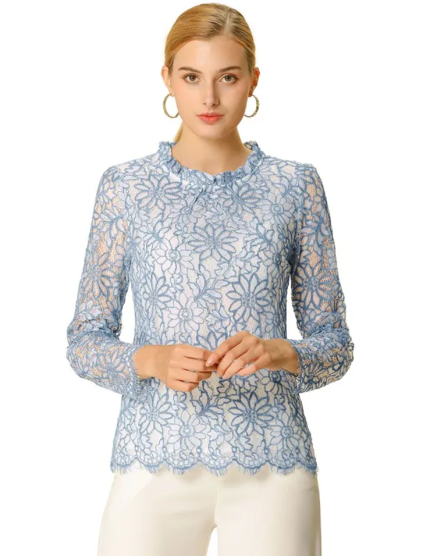 Allegra K Lace Long Sleeve Ruffle Round Neck Floral Blouse sold by Allegra K
