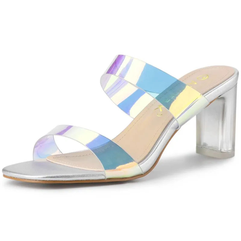 Women's Clear Colorful Straps Chunky Heel Slides Sandals made by Allegra K