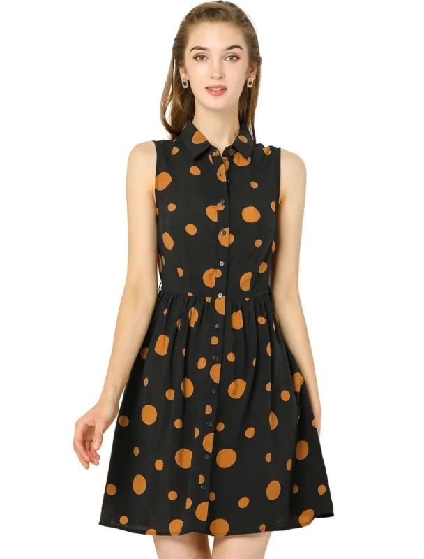 Women's Polka Dot Button Down Tie Waist Sleeveless Shirt Dress sold by Allegra K