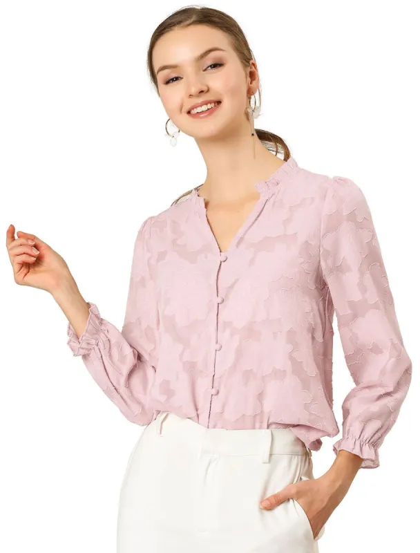 Women's V Neck Ruffle Neckline Floral Top Blouse sold by Allegra K