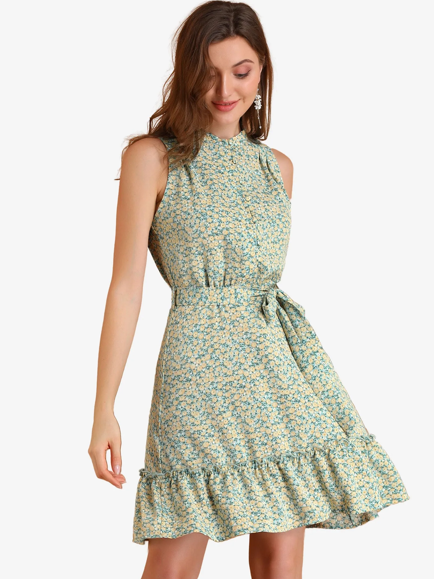 Floral Daisy Elastic Waist Ruffle Hem Belted Sleeveless Dress Sundress sold by Allegra K