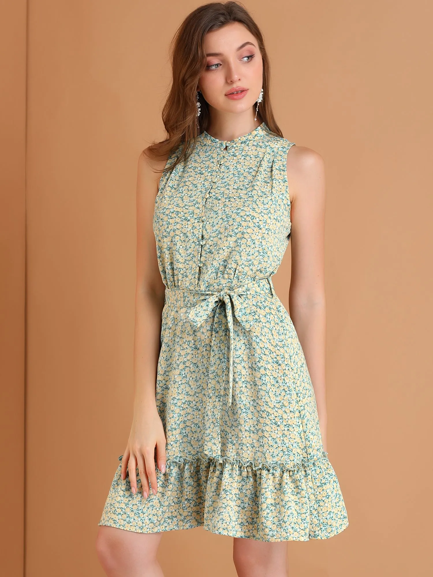 Floral Daisy Elastic Waist Ruffle Hem Belted Sleeveless Dress Sundress sold by Allegra K product image thumbnail 3