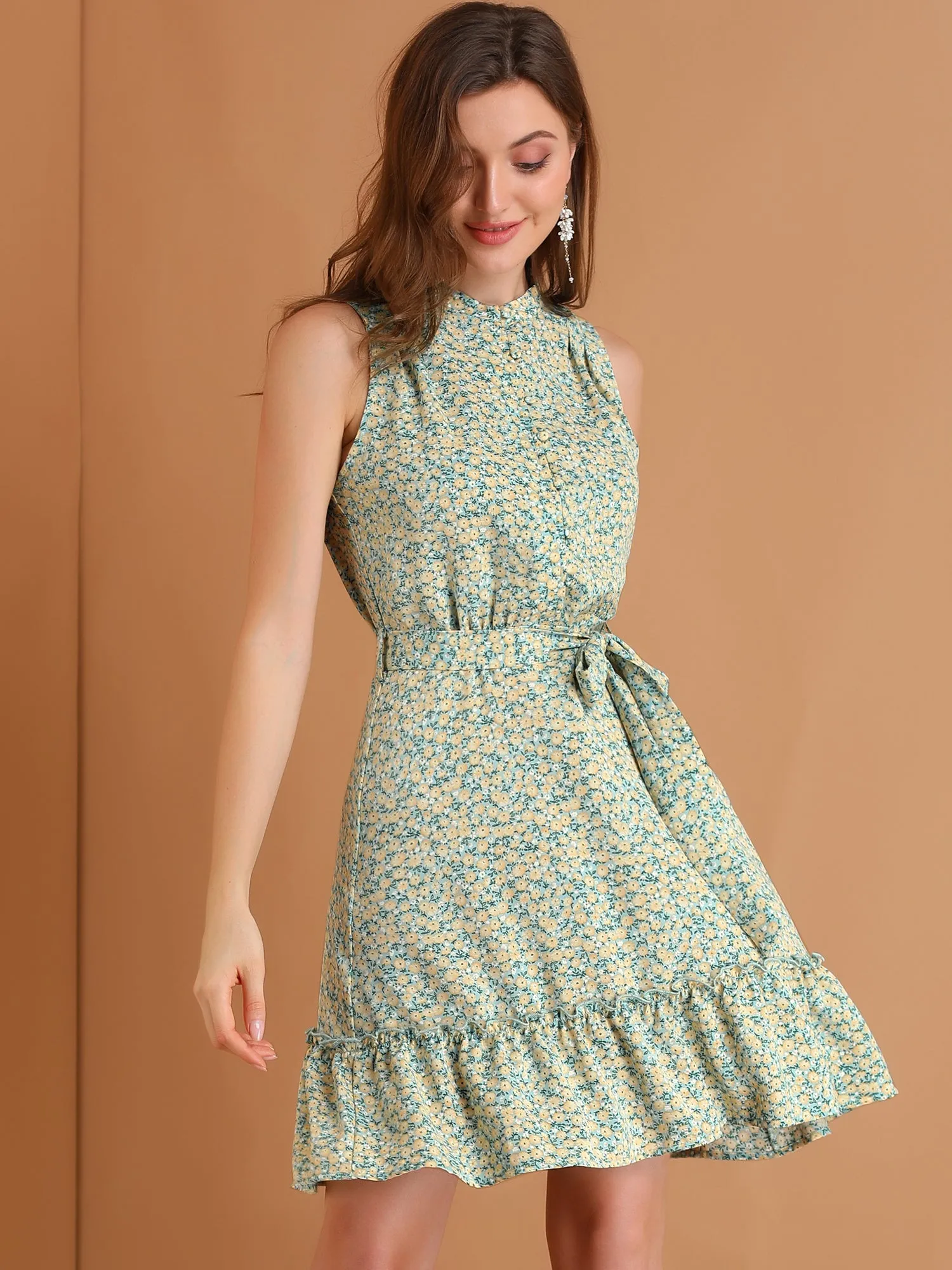 Floral Daisy Elastic Waist Ruffle Hem Belted Sleeveless Dress Sundress sold by Allegra K product image thumbnail 2