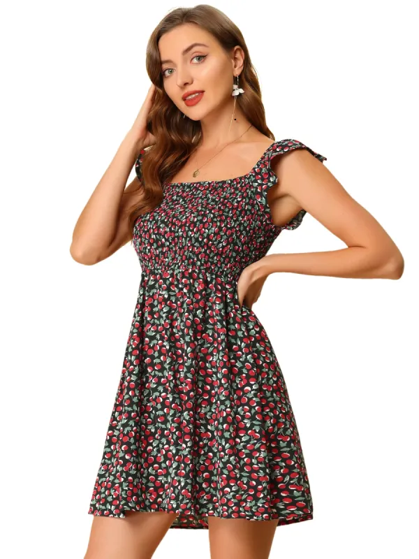 Square Neck Ruffle Cap Sleeve Cherry Print Mini Smocked Dress sold by Allegra K