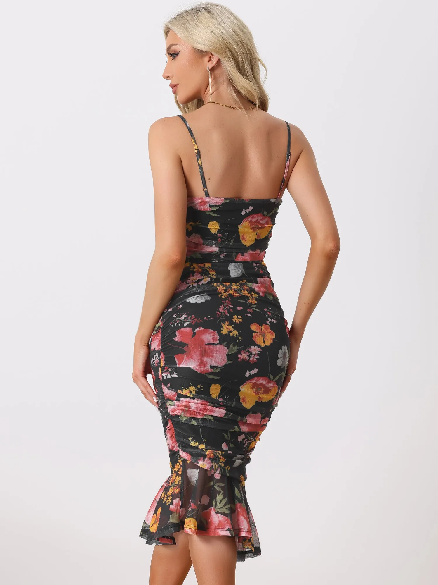 Spaghetti Strap Floral Mesh Sleeveless Ruched Midi Bodycon Dress sold by Allegra K product image thumbnail 3