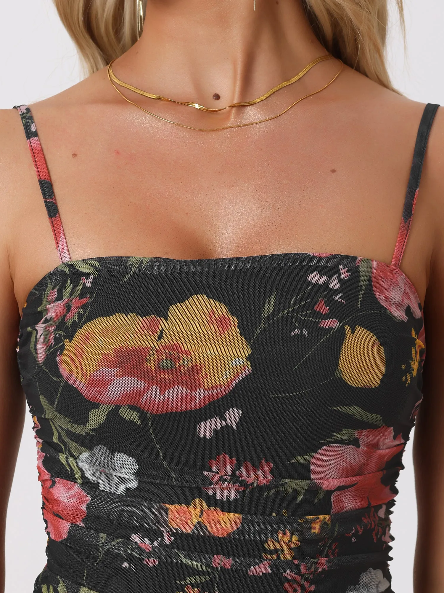 Spaghetti Strap Floral Mesh Sleeveless Ruched Midi Bodycon Dress sold by Allegra K product image thumbnail 4