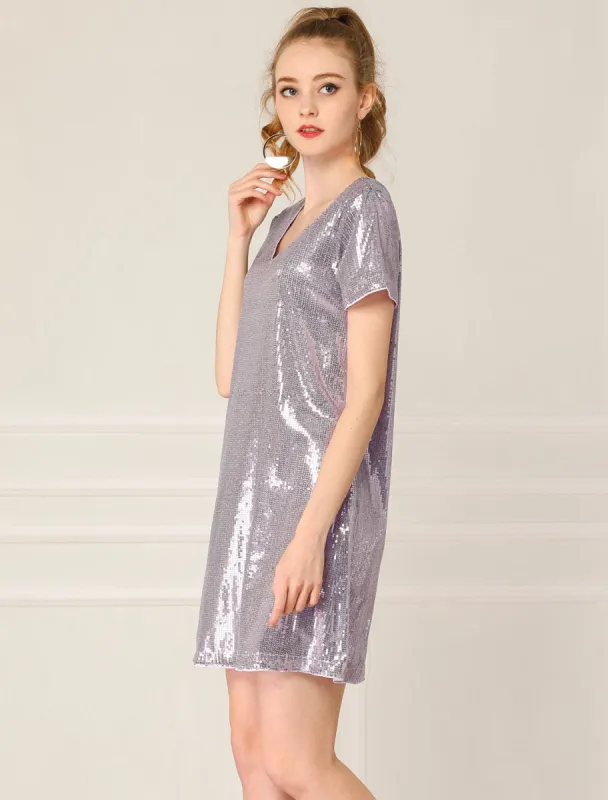 Sequin Metallic Shiny Sparkle V Neck Party Club Mini Dress sold by Allegra K