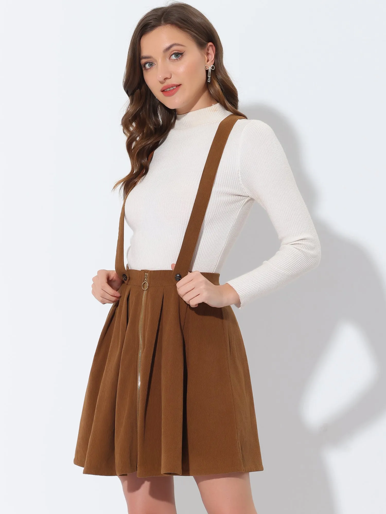 Corduroy Zipper Front Adjustable Strap Pleated Suspender Skirt sold by Allegra K product image thumbnail 2