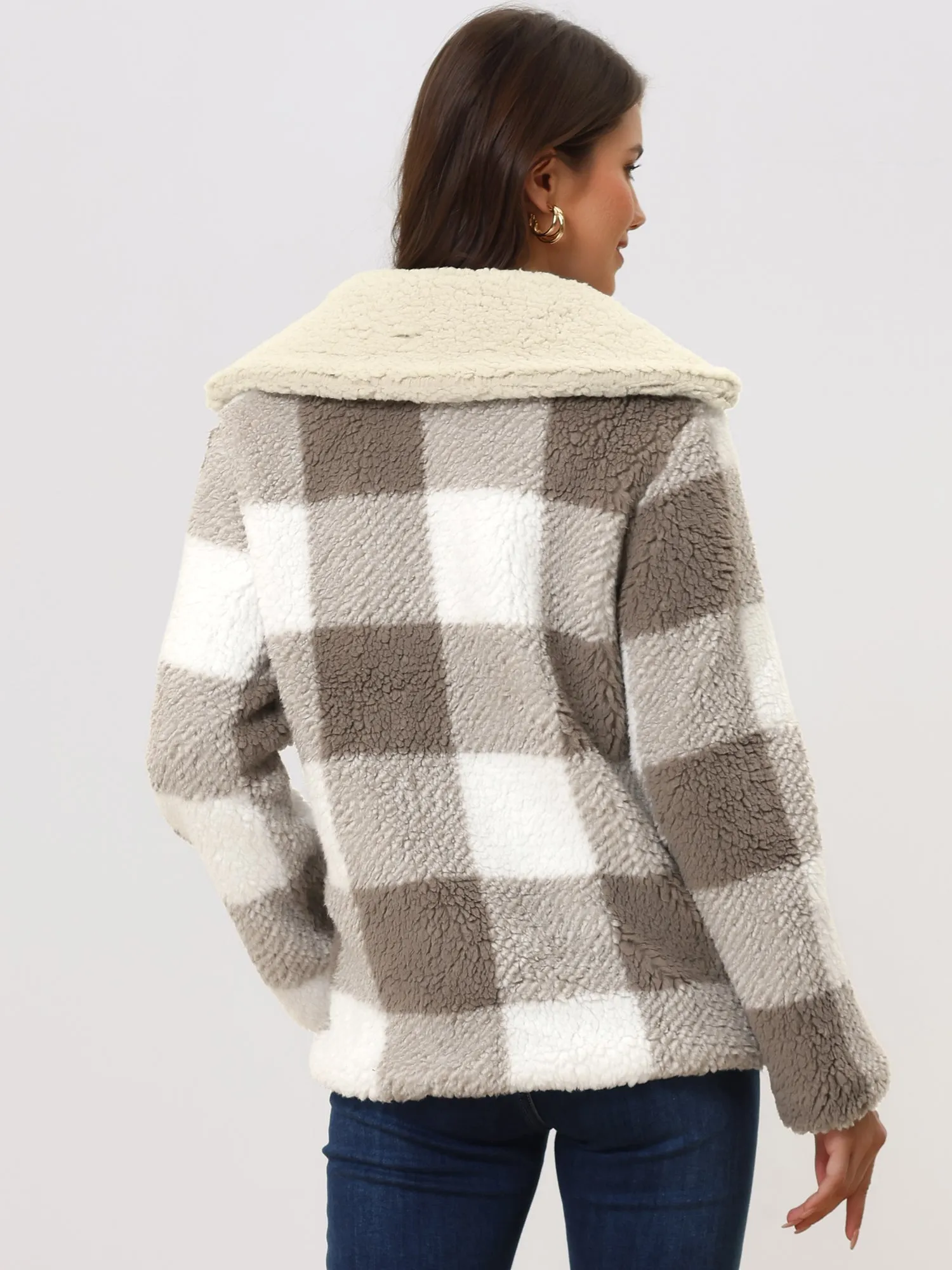 Causal Plaid Coat Lapel Collar Zip Up Faux Fur Winter Jacket sold by Allegra K product image thumbnail 3
