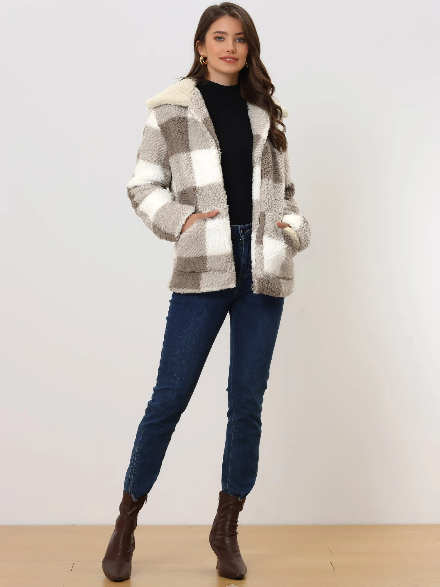 Causal Plaid Coat Lapel Collar Zip Up Faux Fur Winter Jacket sold by Allegra K product image thumbnail 2