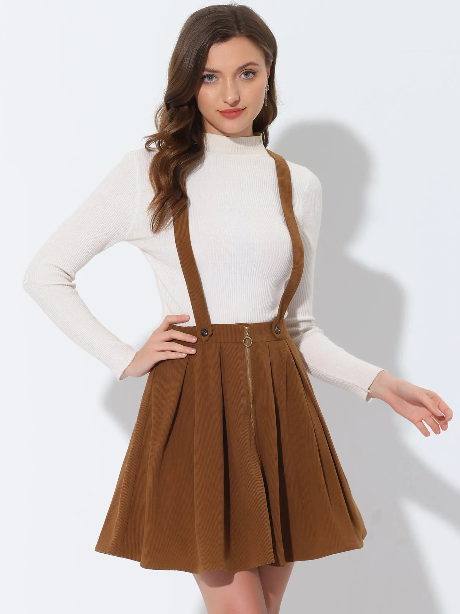 Corduroy Zipper Front Adjustable Strap Pleated Suspender Skirt sold by Allegra K product image thumbnail 3