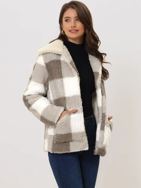 Causal Plaid Coat Lapel Collar Zip Up Faux Fur Winter Jacket sold by Allegra K