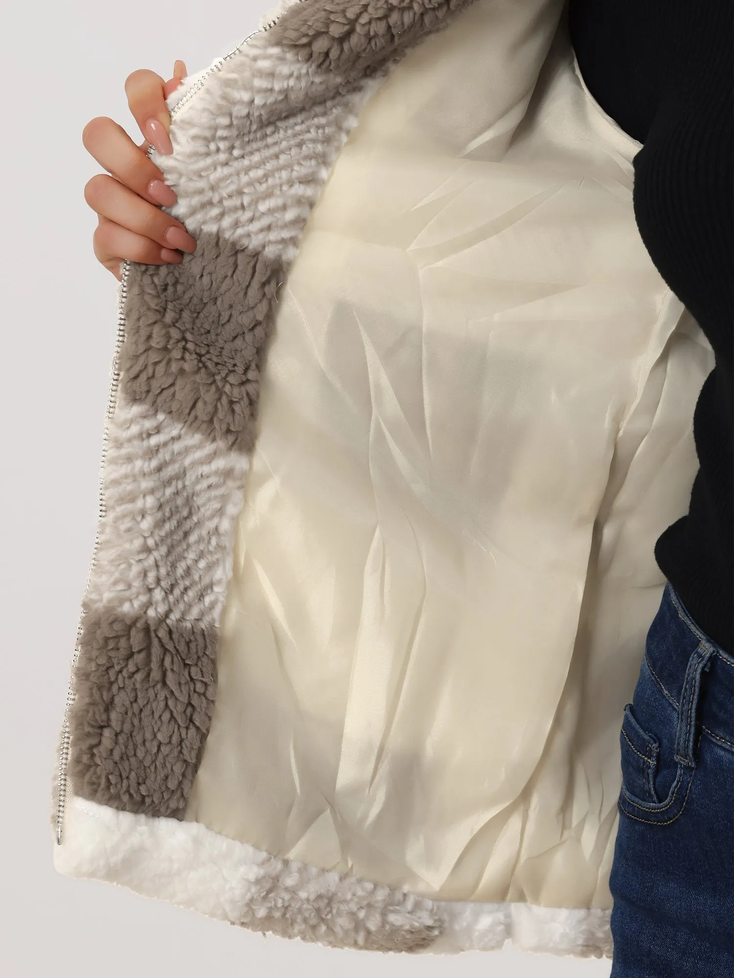 Causal Plaid Coat Lapel Collar Zip Up Faux Fur Winter Jacket sold by Allegra K product image thumbnail 4