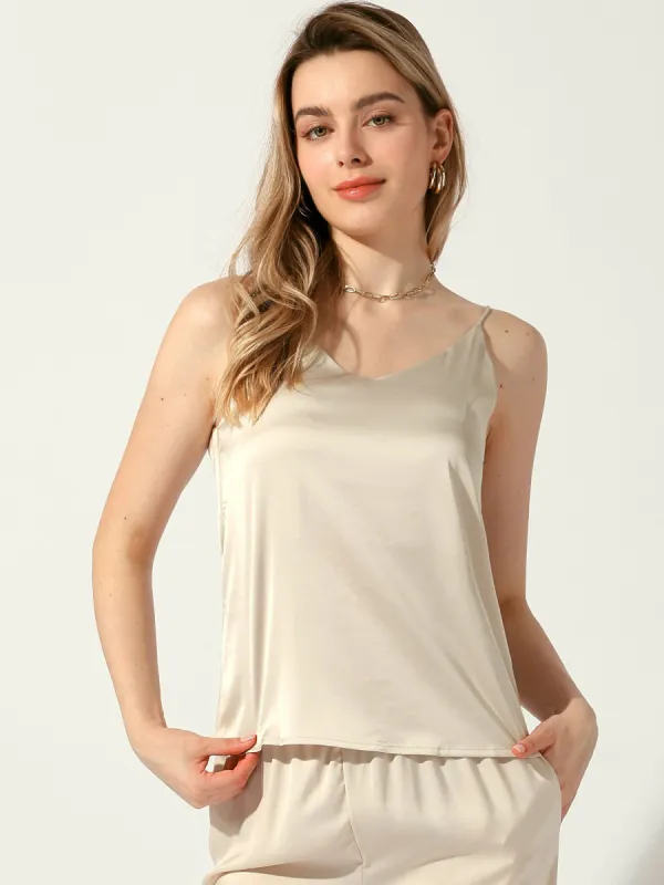 Satin V Neck Spaghetti Strap Solid Color Cami Tops sold by Allegra K
