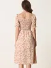Square Neck Puff Sleeve Shirred Floral Casual Midi Dress sold by Allegra K