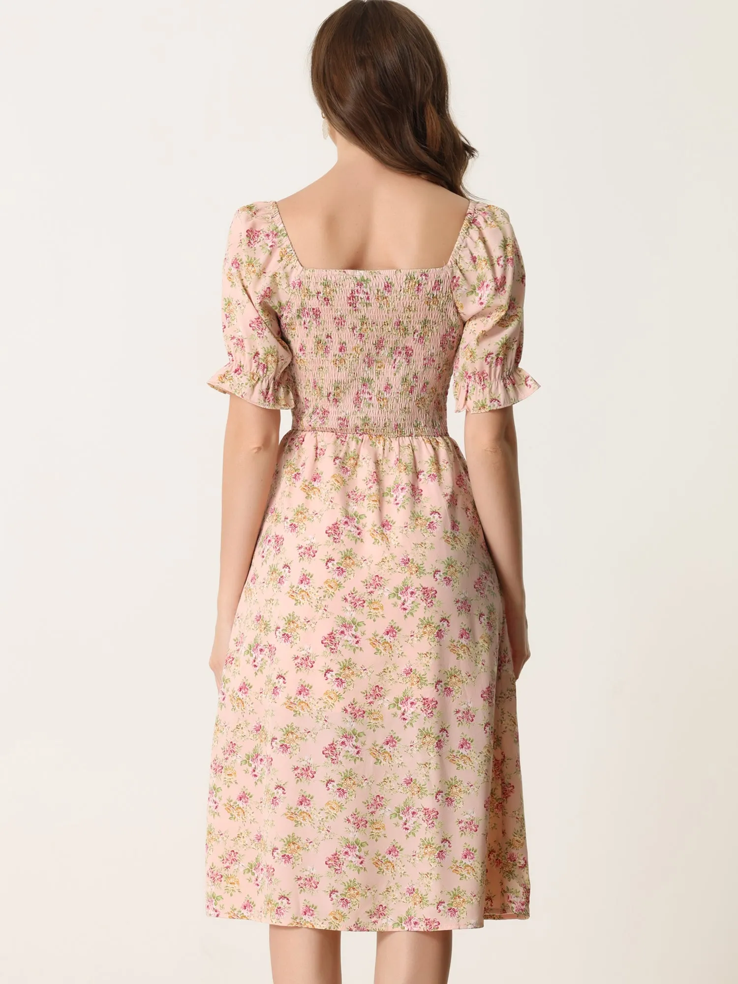 Square Neck Puff Sleeve Shirred Floral Casual Midi Dress sold by Allegra K product image thumbnail 3